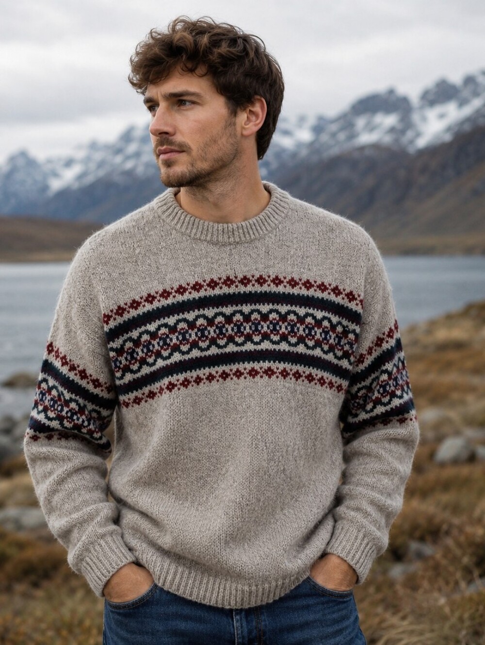 Men's Crewneck Fair Isle Sweater in Light Gray with Navy & Maroon